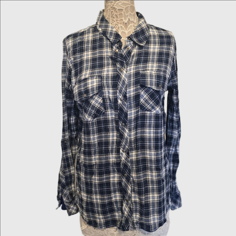 Kut from the Kloth Blue and White Plaid Long Sleeve Button Down Sz XL